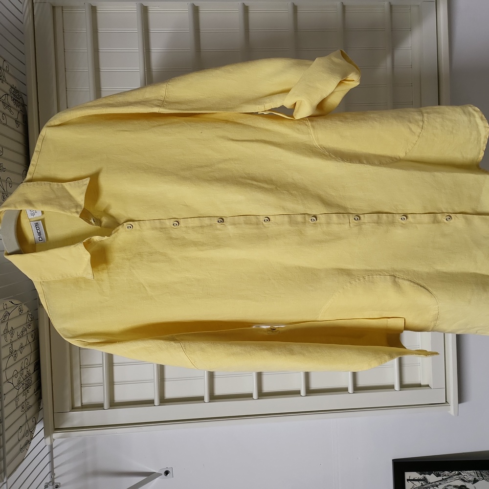 Oversized Chico's size 2 linen pocketed dyed to match cloth button shacket.